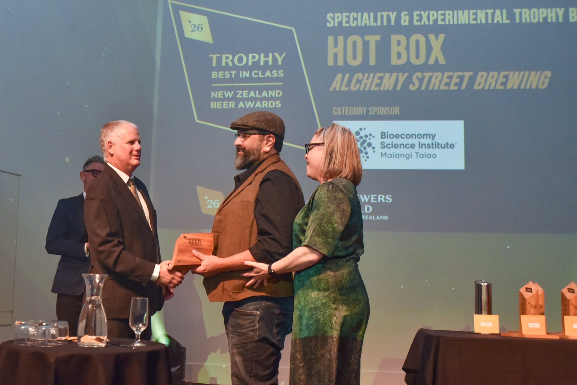 Alchemy Street Brewing accepting the Trophy for Best in Class, Specialty & Experimental category, for Hot Box at the 2026 NZ Beer Awards