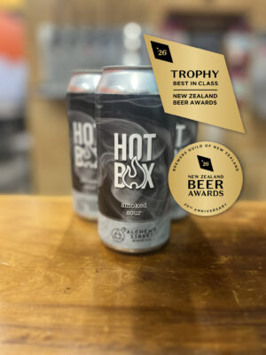 HOT BOX smoked sour cans by Alchemy Street Brewing with New Zealand Beer Awards 2026 Trophy badge